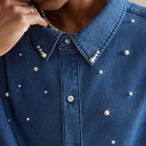 <span class=keywords><strong>Camisa</strong></span> vaquera de <span class=keywords><strong>hombre</strong></span> personalizada, de <span class=keywords><strong>manga</strong></span> <span class=keywords><strong>corta</strong></span>, con lavado pesado, pedrería de perlas, estilo western oversize, vintage, streetwear, con botones - Product Image 3