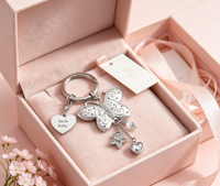 Porte-clés personnalisé en alliage de zinc avec strass, papillon, impression UV, breloque cœur gravable, pendentif de sac tendance pour femmes