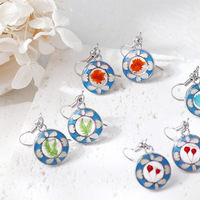 Anting Bunga Asli Resin Epoksi Paduan Logam Vintage Pola Enamel Biru Putih Spesimen Tanaman Bunga Terawetkan Desain Unik Artistik