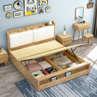 Cadre de lit plateforme en bois avec tête de lit rembourrée et étagère de rangement, lit en chêne clair avec rangement intégré dans le pied du lit