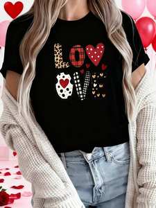 T-shirt da donna taglie forti per San Valentino, con stampa a cuori, a maniche corte, fantasia a pois e righe, casual, girocollo, in jersey di cotone - Product Image 3