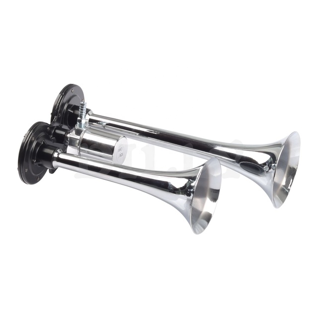 Auto Horn 12V 24V High & Low Tone Horn Set Universal Modified Truck Train Bus Boat Chrome Plated Silver Dual Tube Air Pump Horn
