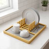 Égouttoir à vaisselle pliable en bambou, organisateur de comptoir de cuisine détachable pour assiettes, bols, couverts, avec plateau de drainage