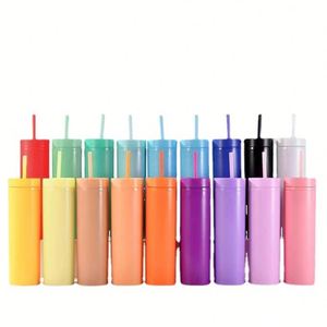พร้อมส่ง มีสินค้าในสต็อก แก้วน้ำพลาสติกแบบมีหูจับ ขนาด 16 ออนซ์ ผนังสองชั้น สีพาสเทลหลากสี พร้อมหลอด - Product Image 1