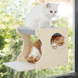 Cross-border Nordic style solid wood <b>window</b> sill <b>cat</b> <b>bed</b> with suction cup double-layer <b>cat</b> climbing frame pet furniture all - Product Image 1