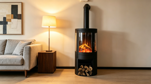 Popular Chimenea Eléctrica de Vidrio Curvo de 3 Lados, Estufa Metálica Independiente con Llama Simulada 3D Ajustable y Chimenea Decorativa - Product Image 4