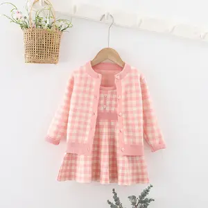 2 pcs winter plaid long sleeve toddler baby girls sweater dresses kids clothing sets skirts fashion children's clothes tz05