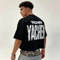 T-shirt personnalisé en coton épais 300 GSM, coupe courte et carrée, motif imprimé craquelé, style vintage pour homme