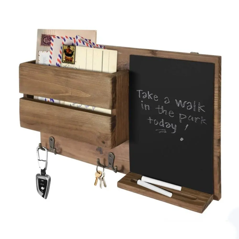 Organizador de armazenamento de parede, suporte para chave, gancho e classificador de mensagens, placa negro, entrada de madeira