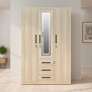 <span class=keywords><strong>Armoire</strong></span> 3 portes battantes en verre avec miroir éclairé, impression personnalisée, structure en acier, finition grain de bois, conception KD, rangement pour chambre à coucher - Product Image 1