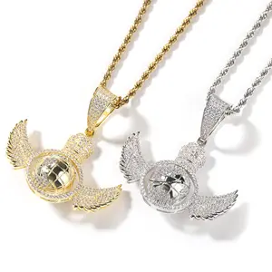 Factory direct sales new style Sparkly diamond iced out CZ Rotating globe pendant angel wings necklace fashion jewelry necklaces