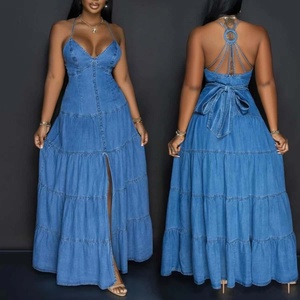 Nouvelle Arrivée <span class=keywords><strong>Robe</strong></span> <span class=keywords><strong>Longue</strong></span> D'<span class=keywords><strong>Été</strong></span> Sans Manches en Jean Boutonnière Femme Unique <span class=keywords><strong>Dos</strong></span> Nu Élégante <span class=keywords><strong>Robe</strong></span> Maxi Denim - Product Image 1