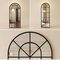 Miroir sur pied pleine longueur en verre trempé avec cadre en pin noir, style vintage français, grille en arche simple, pour la décoration intérieure (vente en gros)