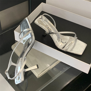 Nouvelles sandales d'été 2025 pour femme, à bout ouvert, argentées, avec talons aiguilles jaunes, respirantes et tendance - Product Image 6