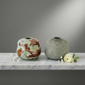Vaso in Ceramica Piccolo Rotondo con Effetto Pennello e Texture Maculata, Smalto Blu-Marrone e Grigio, Decorazione Moderna da Tavolo, Vendita all'Ingrosso - Product Image 1