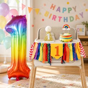 Decoraciones para Primer Cumpleaños, Globo de Número 1 Arcoíris, Gorro, Adorno para Pastel, Decoración para Fiesta de Un Año - Product Image 1
