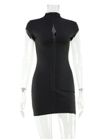Robe moulante tendance et sexy pour femme, style club, respirante, mini, coupe ajustée, col montant, manches courtes, boutonnée, couleur unie, coupe empire