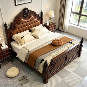 Traditional Queen Size Solid Mahogany Bed with Genuine Leather Tufted Upholstery and Carved Wood <b>Frame</b> - Product Image 3