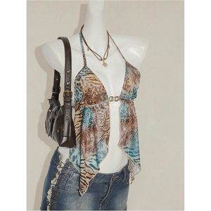 FOXA Top halter con estampado de guepardo para mujer, sin mangas, espalda descubierta, corte asimétrico, camiseta de verano, top ligero y transpirable - Product Image 4