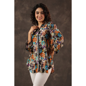 Camisa de Diseño Moderna para Mujer, con Estampado Floral, Estilo Túnica, Botones al Frente, Elegante, Casual, Manga Larga - Product Image 1