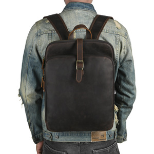 Men's Crazy Horse Leather <b>Backpack</b> <b>Large</b> Capacity Business Travel Laptop Bag Solid Color Dark Brown Light Brown - Product Image 2