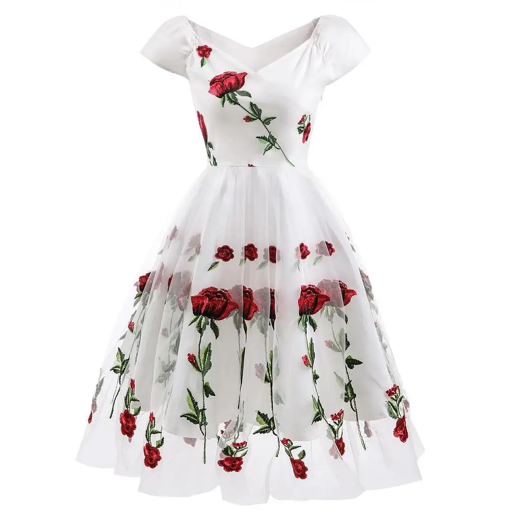 Women's Embroidery Prom Dress Rose Flowers Mesh Tulle Off Shoulder Midi Skater Casual Women Clothing