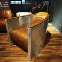 Fauteuil Aviateur Rétro Industriel Style Américain en Aluminium avec Accoudoirs, Siège Unique en Cuir Pleine Fleur Rembourré Éponge, pour Salon Décontracté à Domicile