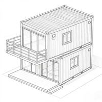 Maisonnette Apple Cabin jaune-orange, maison conteneur avec balcon supérieur, terrasse et portes vitrées pour la vie de famille en milieu rural