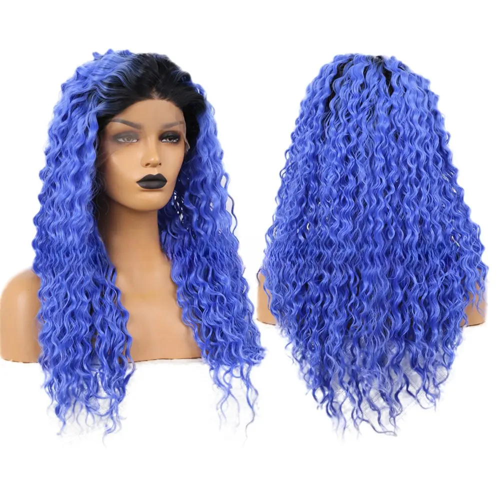 Peruca sintética de renda frontal azul, peruca solta encaracolada de fibra resistente ao calor, parte intermediária para cosplay para mulheres