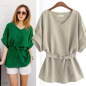 Blus Wanita Musim Panas Linen Ukuran Besar Kerah V Pita Besar Model Batwing Ikat Longgar - Product Image 2
