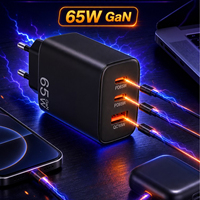 Chargeur rapide USB-C PD 3 ports GaN 65W pour ordinateur portable avec protection OTP, ignifuge, écologique, certifié CE FCC RoHS, universel pour voyage