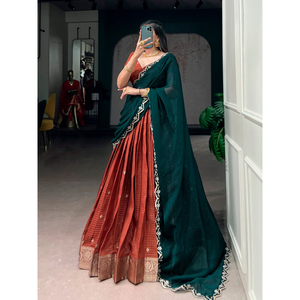 Elegant <b>Red</b> And Green Silk <b>Saree</b> With Embroidered Border Traditional Indian Pakistani Wedding Wear Floor Length Ethnic Outfit - Product Image 1