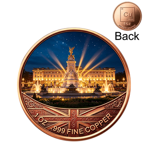 Pièce de monnaie en cuivre rouge en gros, pièce de défi personnalisée 1 oz .999 en cuivre pur, vue nocturne du Palais Royal du Royaume-Uni, pour collection - Product Image 1