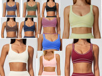 Sujetador deportivo extrasuave con acabado cepillado, ribete en contraste, cuello en U, sin espalda, acolchado, para yoga y gimnasio, para mujer