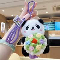 Adorable Porte-clés Pendentif Sac à Dos en Peluche Panda Géant Réaliste Tricoté avec Fleur, Cordon Tressé à la Main