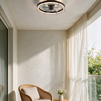 Ventilateur de plafond avec cage en chêne foncé, cadre en maille noire, moteur DC, 5 pales, 2 tailles, intensité variable pour salon, chambre, salle à manger