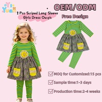 Ensemble 2 pièces décontracté pour filles : Robe tunique à manches longues imprimée rayée avec applique florale en dentelle et poches, et leggings – Collection Boutique pour tout-petits