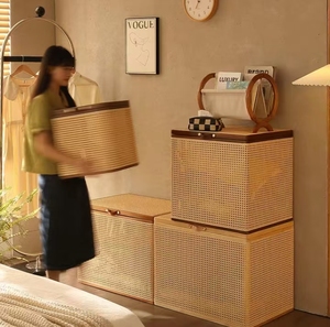 Noordse Wabi Sabi stijl meubels massief houten rotan opbergbox grote geweven opbergmand met deksel geweven mand opbergmand - Product Image 2