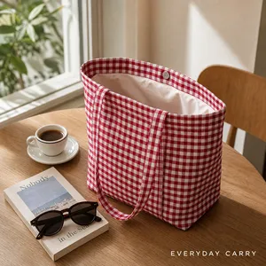 Bolsa de Mano Reutilizable a Cuadros con Logotipo Personalizado, Bolsa de Compras Diaria, Bolsa de Algodón Gingham - Product Image 3