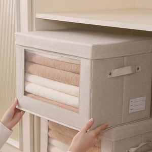 Cotton and Linen Fabric <b>Storage</b> <b>Boxes</b> Closet Clothes Organizers Visual Windows <b>Storage</b> <b>Bins</b> with Lids - Product Image 3