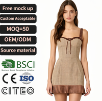 Robe courte beige à carreaux, ourlet plissé marron, col carré, à nouer devant, sans manches, moulante, style rétro Y2K, automne-hiver, pour femme