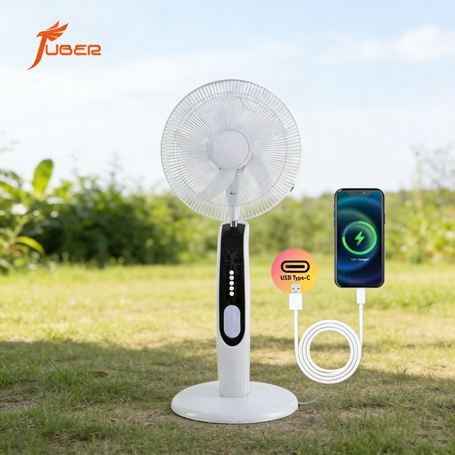 Solar Powered Rechargeable Standing Fan 16 Inch Floor Fan LED Light AC DC