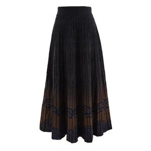 Knitwear High Quality Women Knitted Skirt Contrast Color Jacquard Pleated Elegant Casual Women's Skirts Sweater