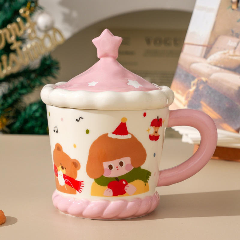 Tasse de compagnie de Noël mignonne-tasse rose + couvercle