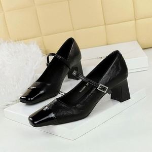 Retro Heel, Thick Heel, Shallow <strong>Mouth</strong> Splicing, Square Toe Rhinestone Buckle, Single Strap, Spring and Autumn Women's Shoes - Product Image 3