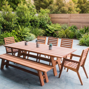 Solid Teak Wood Outdoor <b>Dining</b> <b>Set</b> Rectangular Slat Top Garden <b>Table</b> with Bench and Armchairs - Product Image 3