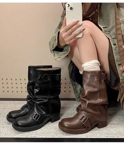 French Vintage Western Cowboy <b>Boots</b> for Women High Block Heel Pleated Ruched Slouchy Mid-calf <b>Boots</b> Martin <b>Boots</b> - Product Image 3