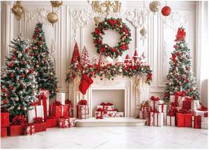 Décor de Noël vintage avec cheminée, couronne, arbres, chaussettes, fond de photographie de Noël, bannière de fête pour table de gâteaux du Nouvel An - Product Image 4