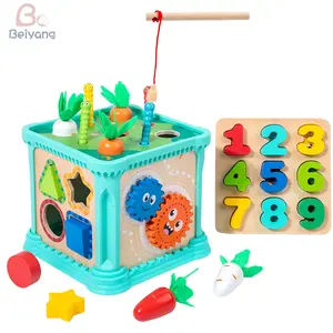 Cubo de madeira para aprendizagem precoce, brinquedo sensorial multifuncional 6 em 1 para reconhecimento de formas, atividades, brinquedo educativo
