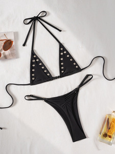 Custom Women's Luxurious Sexy Micro Bikini Beachwear Two Piece Ring Chain Side Tie <b>Thong</b> Solid Print Triangle Halter Swimsuit - Product Image 6
